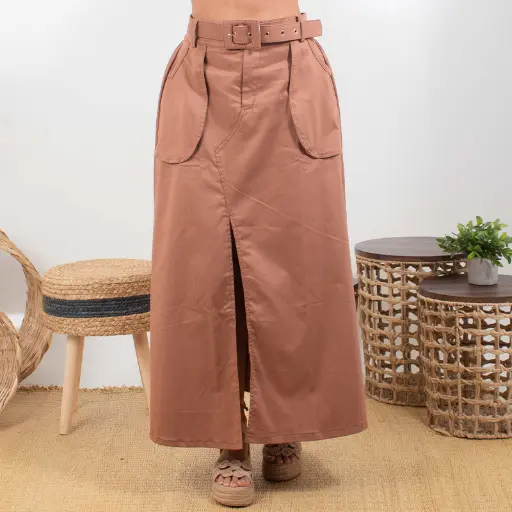 [P4644] FALDA LARGA CINTURO CAFE TL CAFE OSCURO